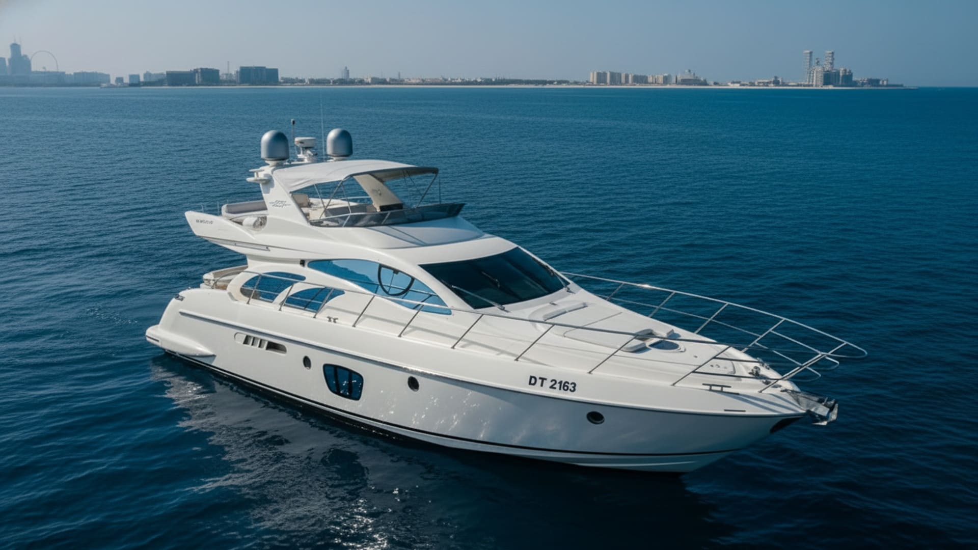 Royal Duchess 55 ft aerial view, premium yacht rental Dubai