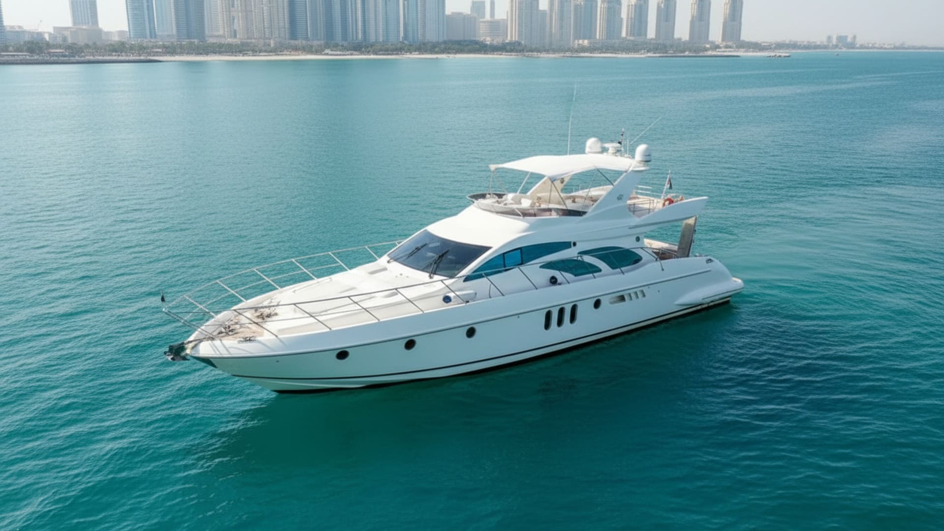 Golden Jewel 62 ft aerial view, cruising Dubai Marina