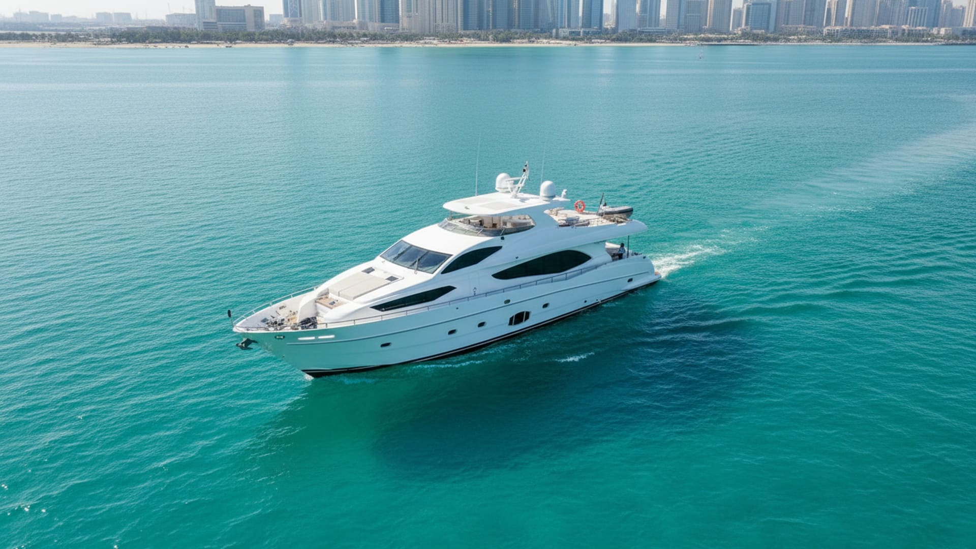 Aerial view of Grand Lady 101 ft cruising Dubai waters
