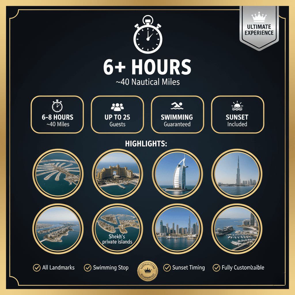 Full-experience Dubai yacht tour route: comprehensive highlights.