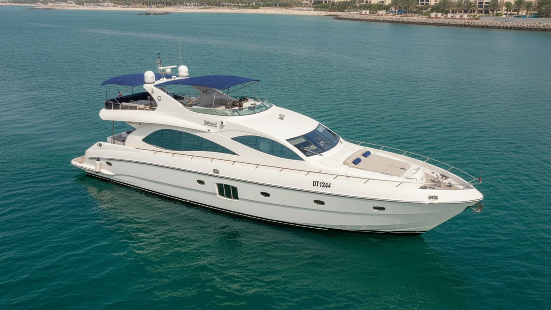 Aerial view of Azure Thunder 88 ft yacht in Dubai