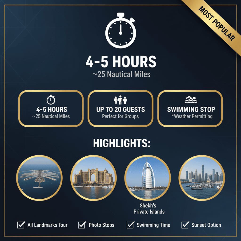 Dubai iconic landmarks yacht tour route experience.