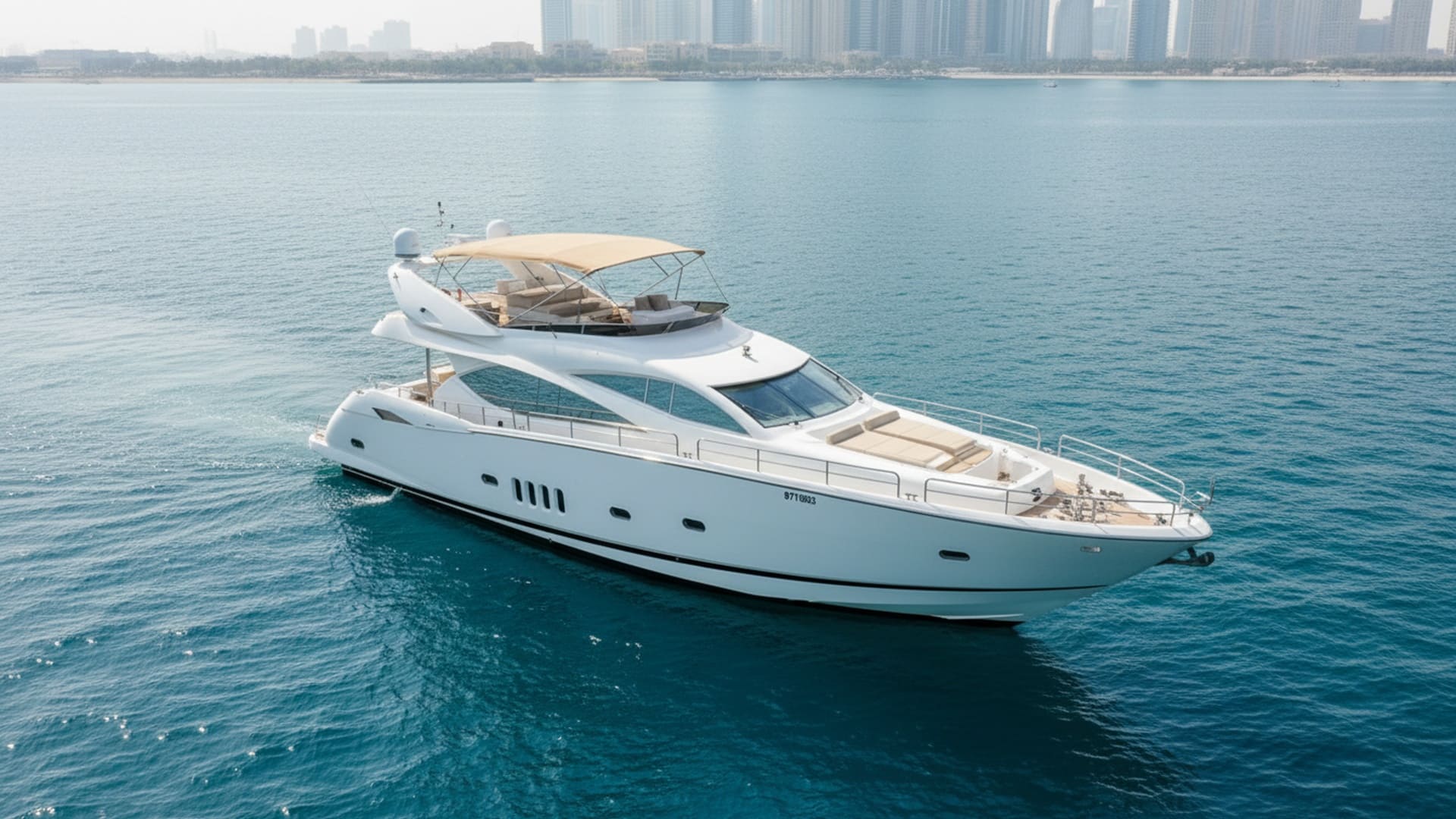 Golden Paradise 82 ft aerial view, cruising Dubai Marina